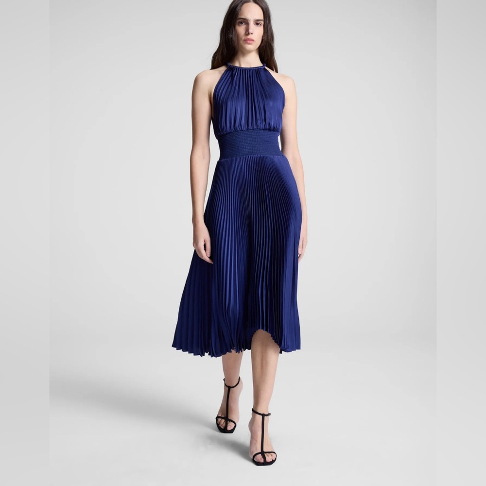 A.L.C. Navy Renzo II Satin Pleated Midi Dress